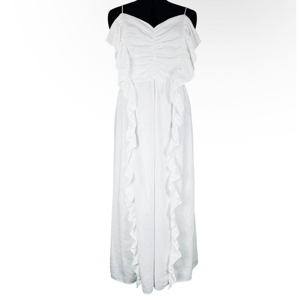 Pure White Boho Fairy Linen Blend Maxi Dress XL Cascade Ruffle Strappy‎ Smocked